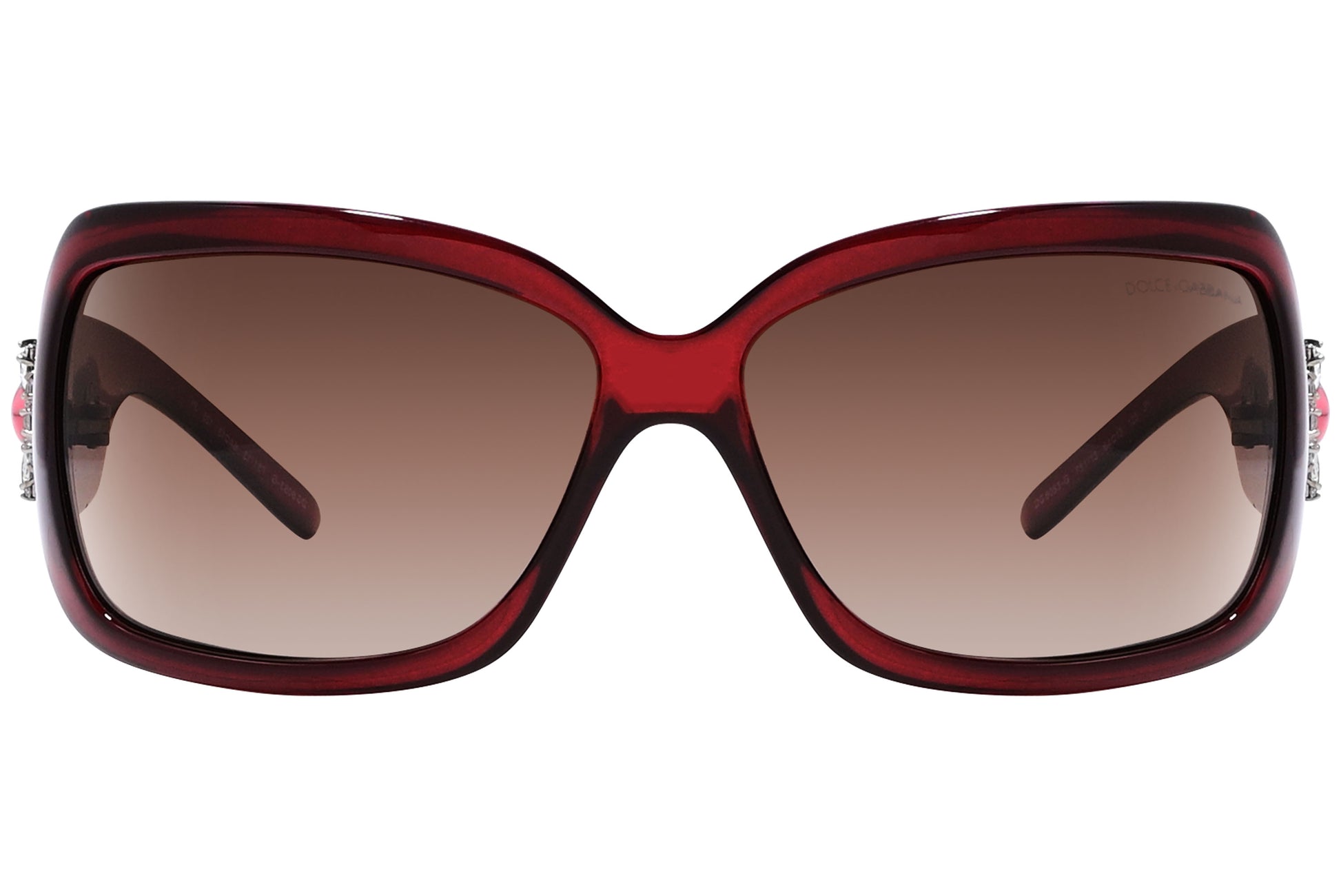 Close-up of Dolce & Gabbana red wrap-around sunglasses showing vibrant frame and shield-style lens