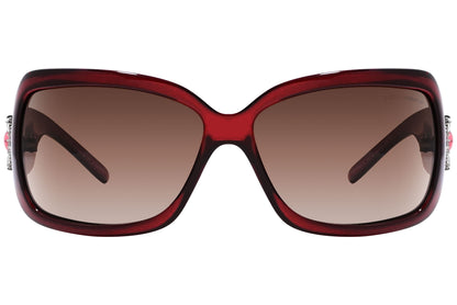Close-up of Dolce & Gabbana red wrap-around sunglasses showing vibrant frame and shield-style lens