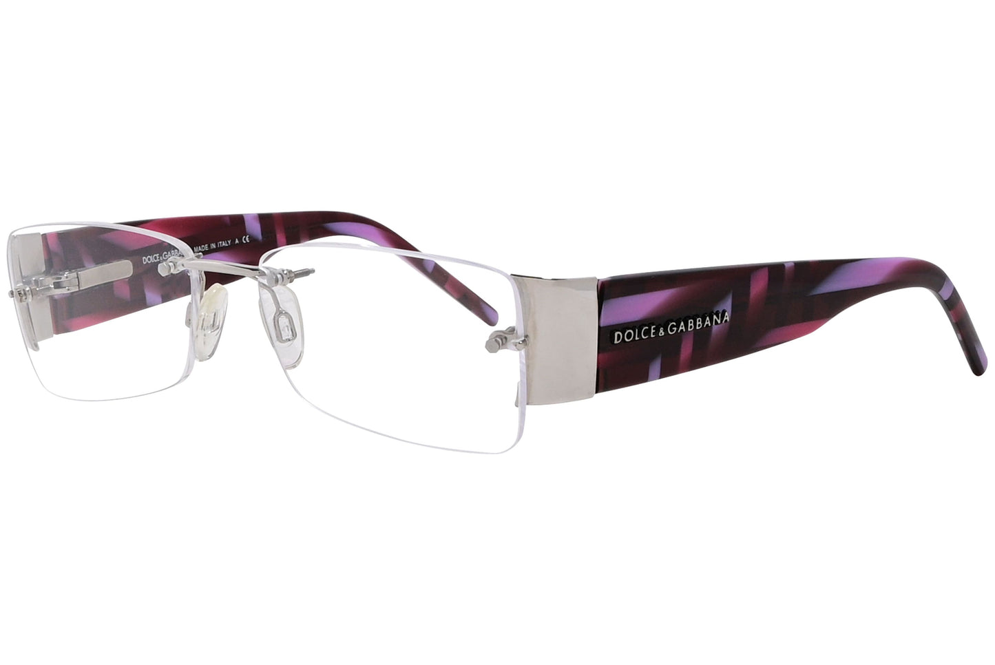 dolce & gabbana rectangle red eyeglasses frame viewed from a 45-degree angle.