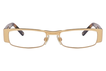 Close-up of red wrap around eyeglasses by Dolce & Gabbana showing frame color and logo detail

