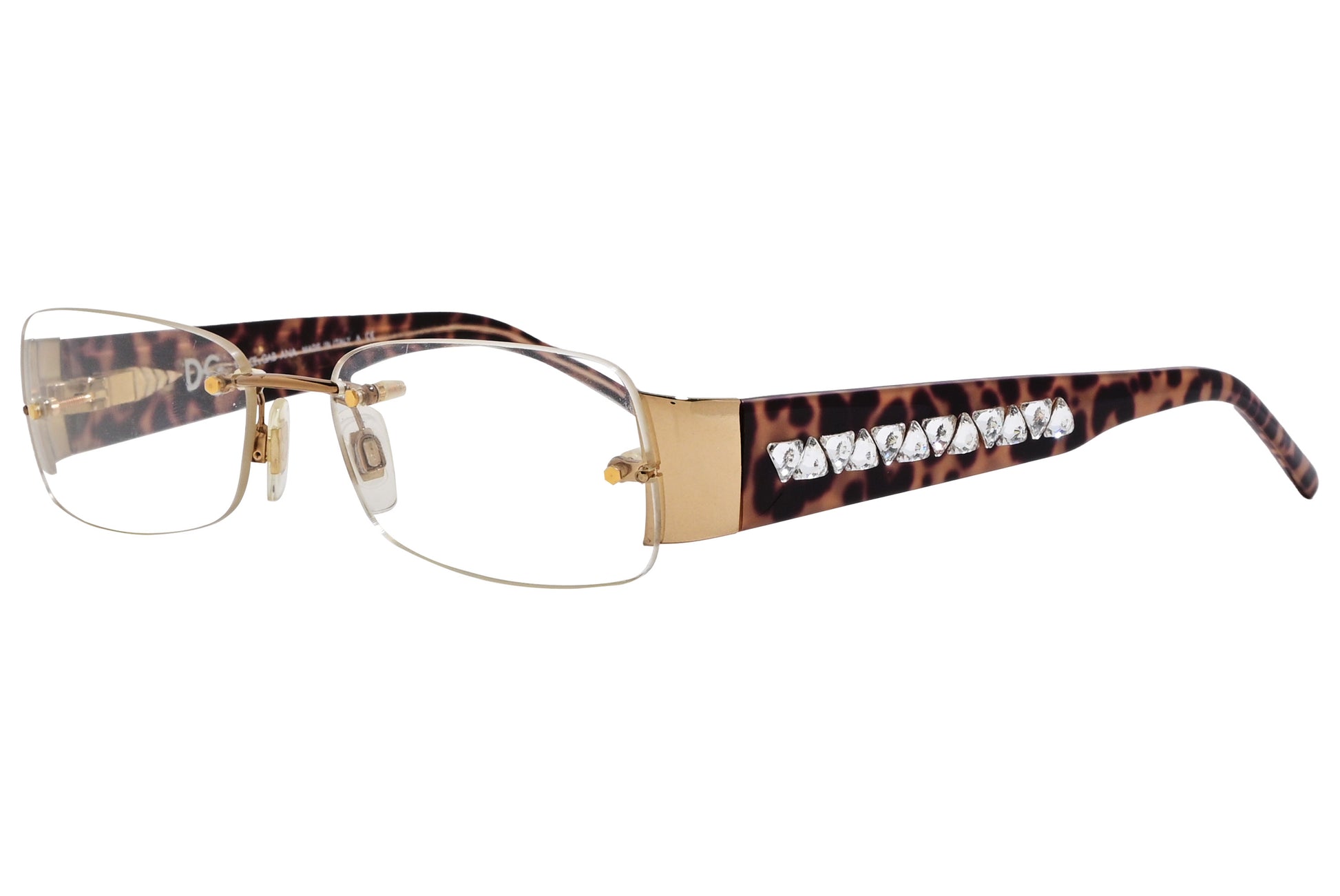 Side view of Dolce & Gabbana tortoise wrap around eyeglasses for women with curved arms and glossy finish