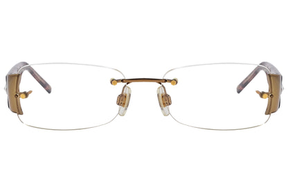 Close-up of women’s tortoise wrap around eyeglasses by Dolce & Gabbana showing frame detail and logo
