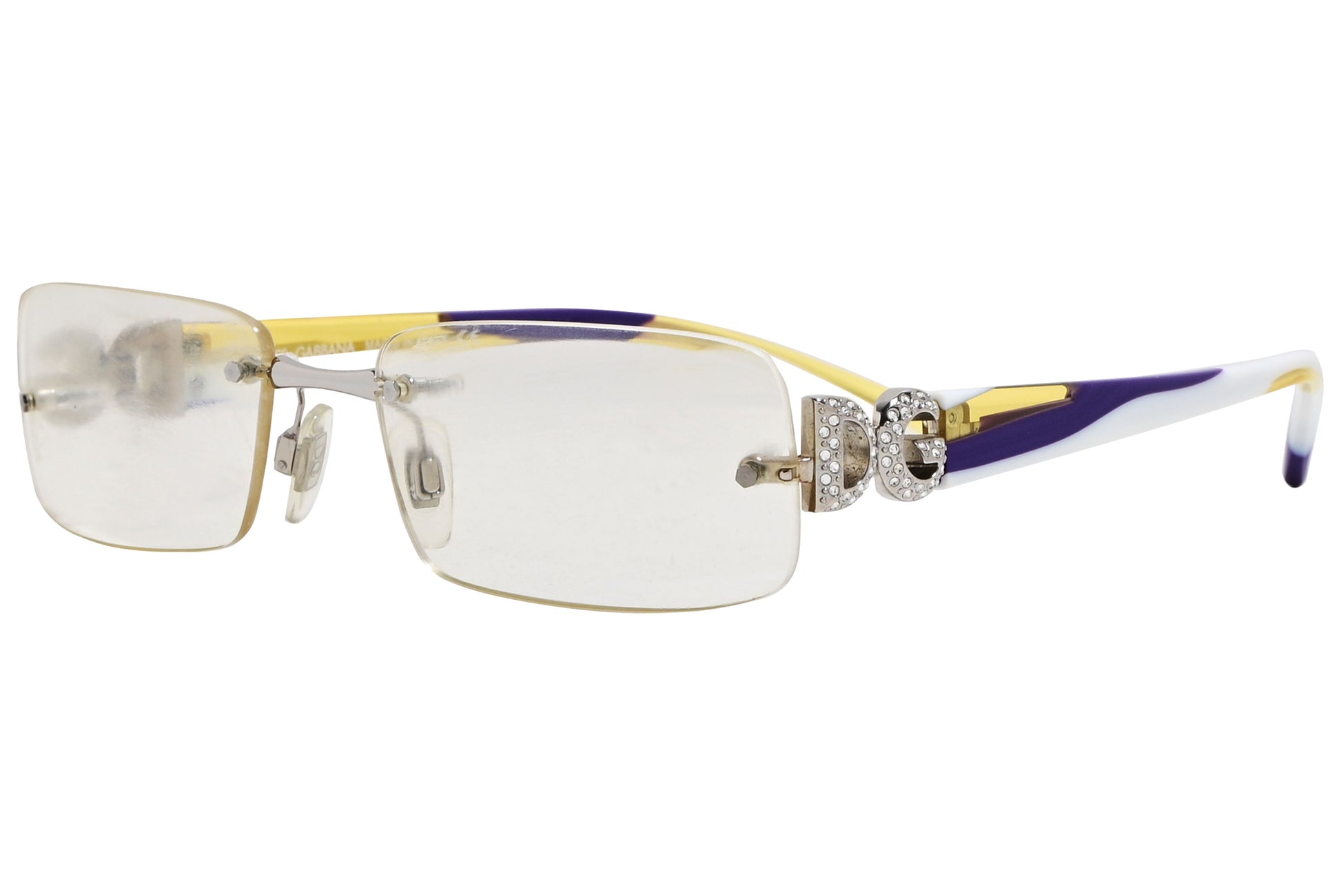 Side view of Dolce & Gabbana women’s purple rectangle eyeglasses with slim, glossy arms