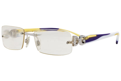 Side view of Dolce & Gabbana women’s purple rectangle eyeglasses with slim, glossy arms