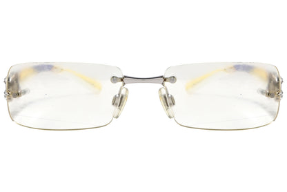 Close-up of Dolce & Gabbana purple rectangle eyeglasses for women showing bold color and frame detail