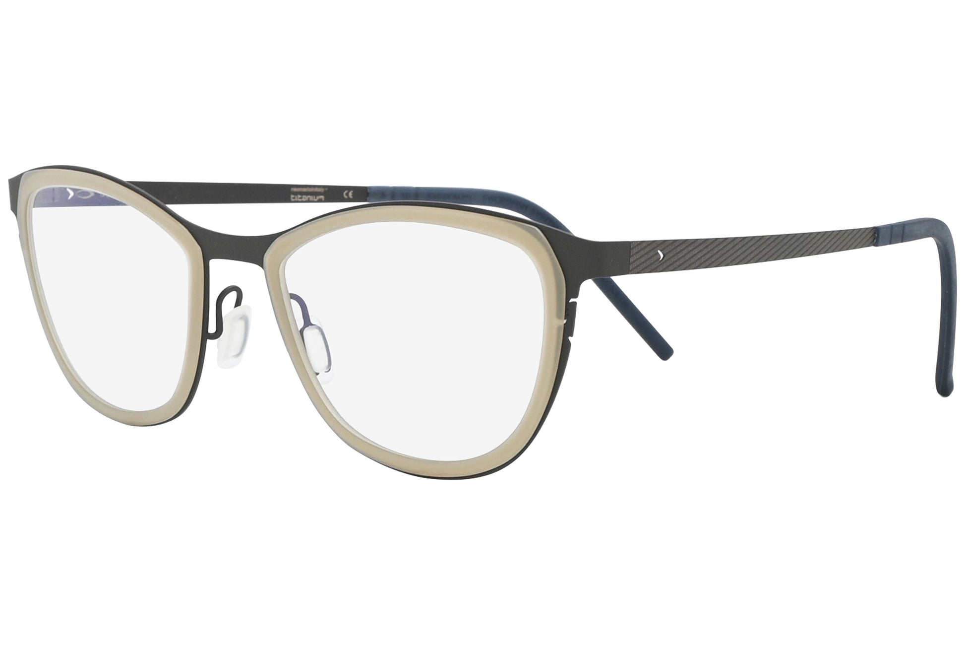 Eyeglasses with a black and gold frame on a white background