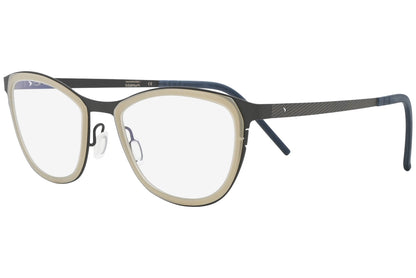 Eyeglasses with a black and gold frame on a white background