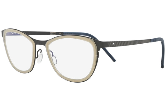 Eyeglasses with a black and gold frame on a white background