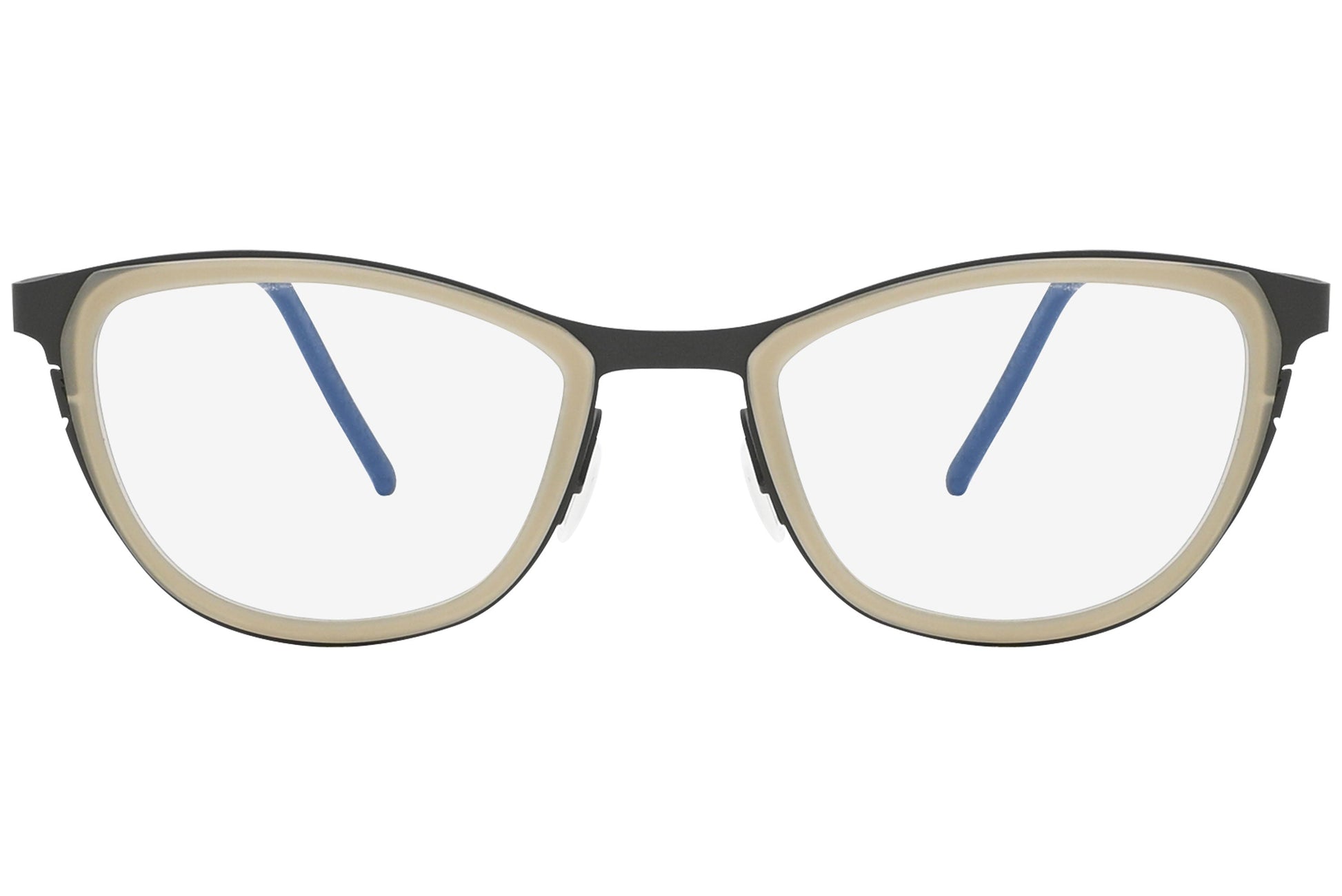Eyeglasses with a black and beige frame on a white background