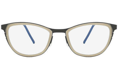Eyeglasses with a black and beige frame on a white background