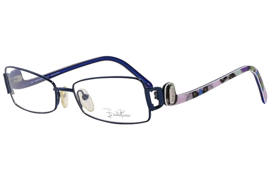 emilio pucci rectangle blue eyeglasses frame viewed from a 45-degree angle.