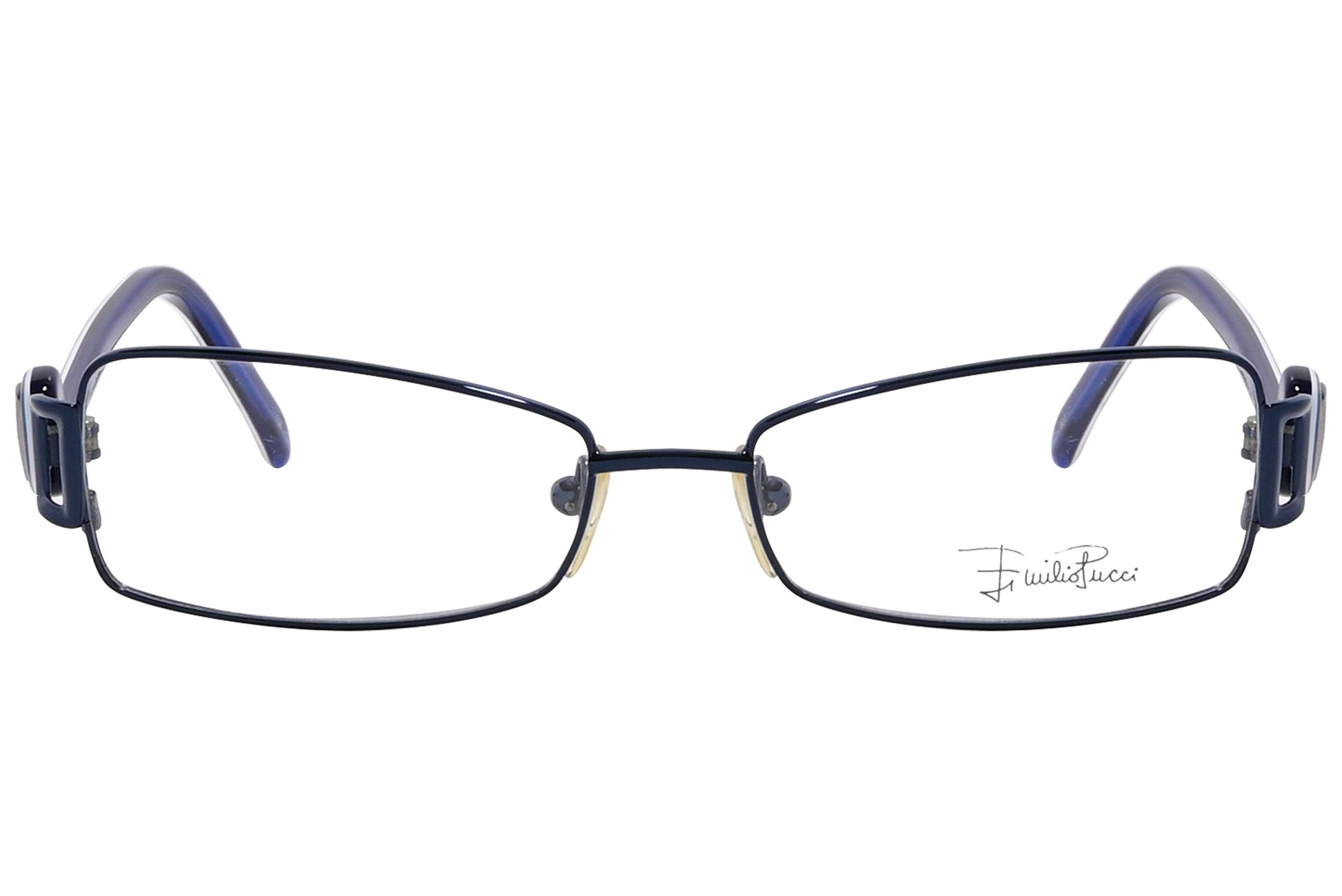 emilio pucci rectangle blue eyeglasses frame viewed from front angle.