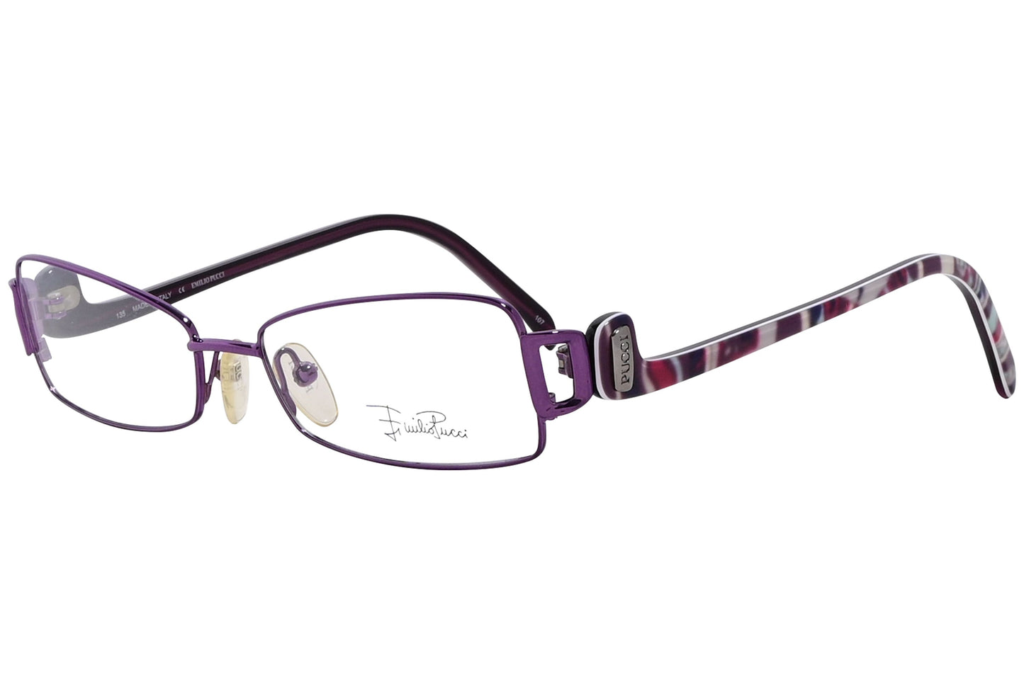 emilio pucci rectangle purple eyeglasses frame viewed from a 45-degree angle.