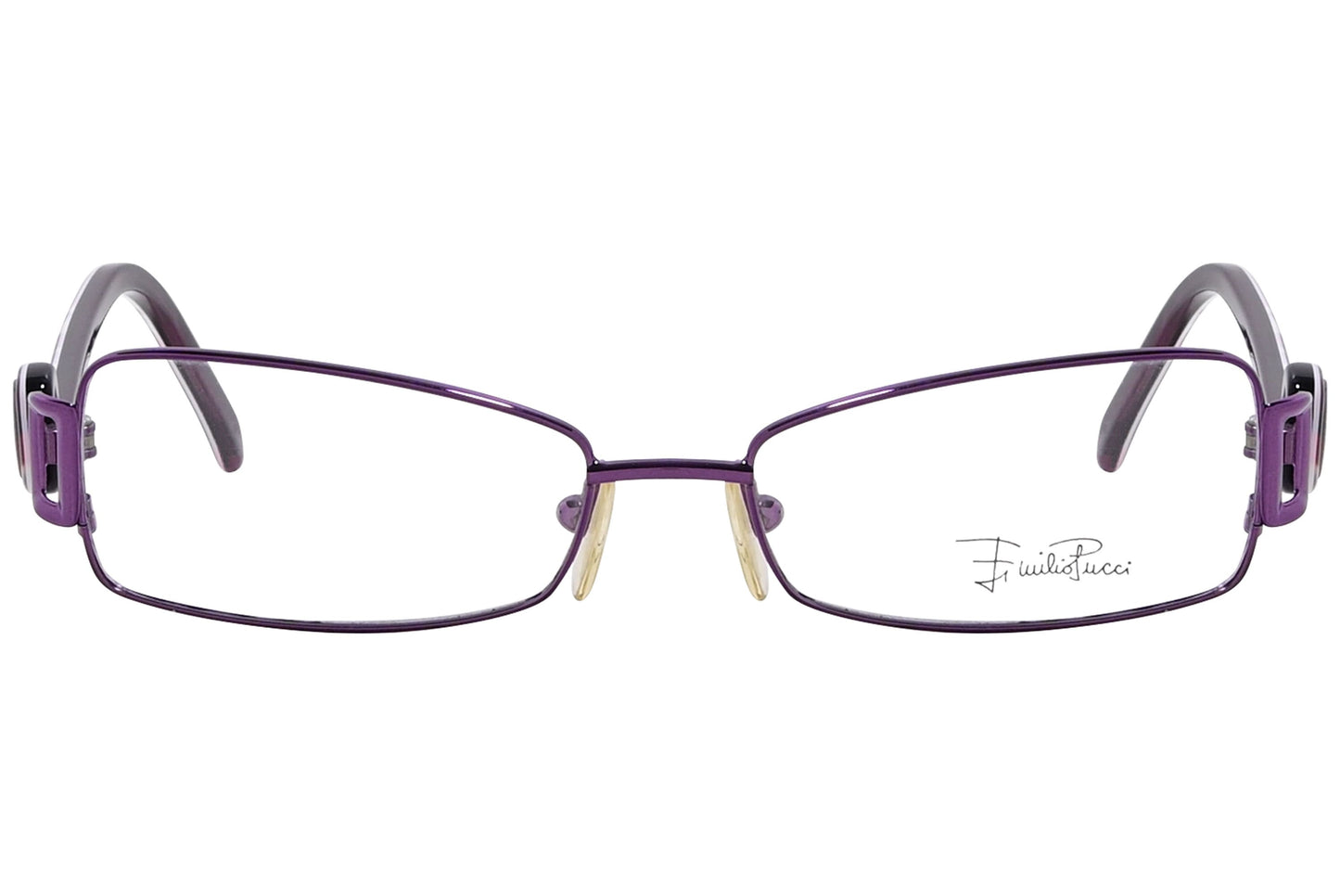 emilio pucci rectangle purple eyeglasses frame viewed from front angle.