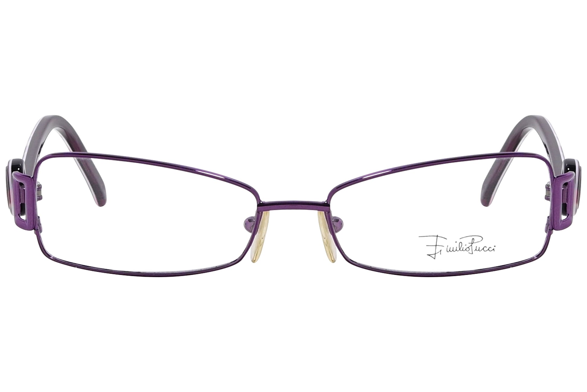 emilio pucci rectangle purple eyeglasses frame viewed from front angle.