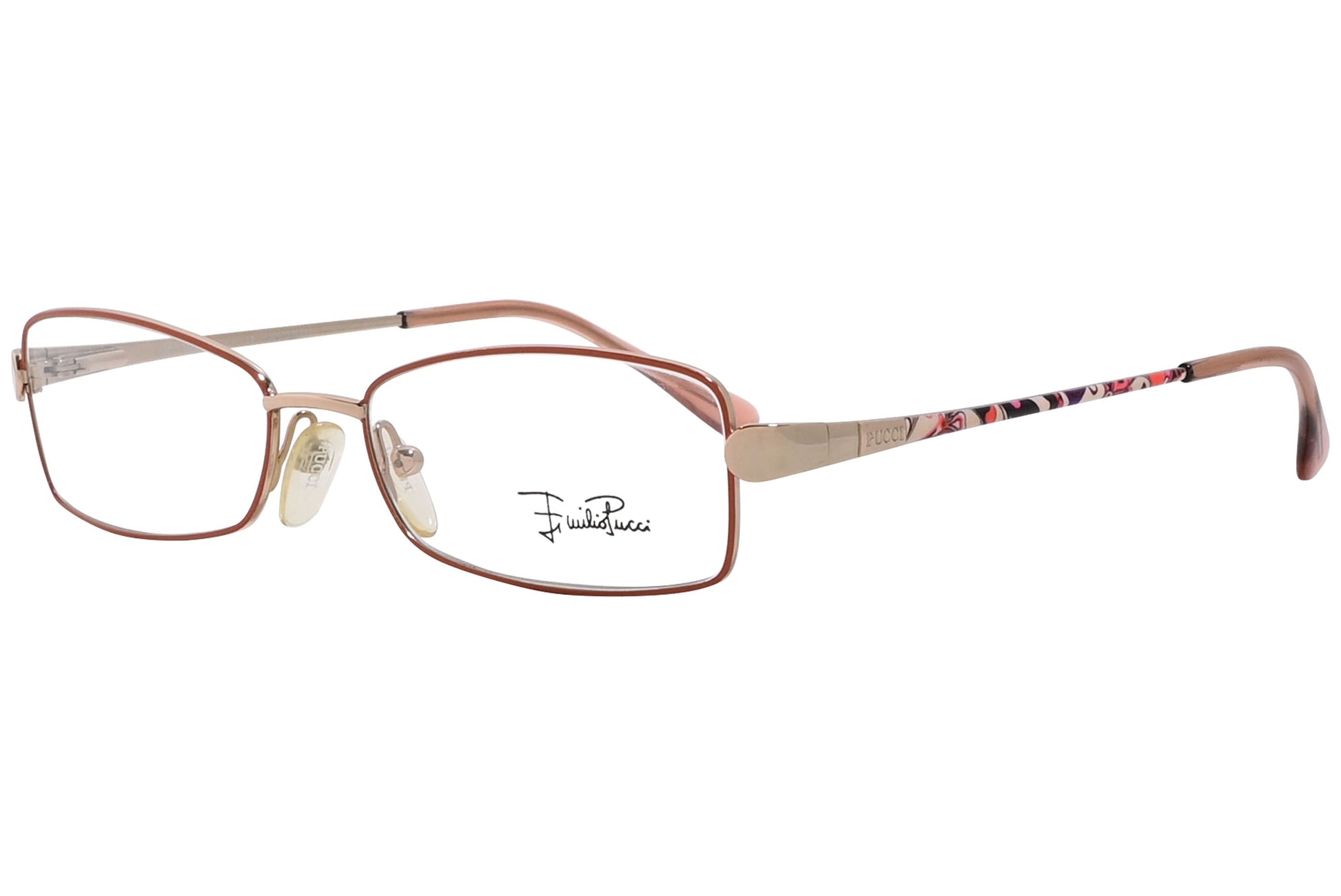 emilio pucci rectangle red eyeglasses frame viewed from a 45-degree angle.