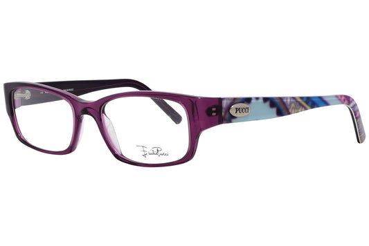 emilio pucci rectangle purple eyeglasses frame viewed from a 45-degree angle.