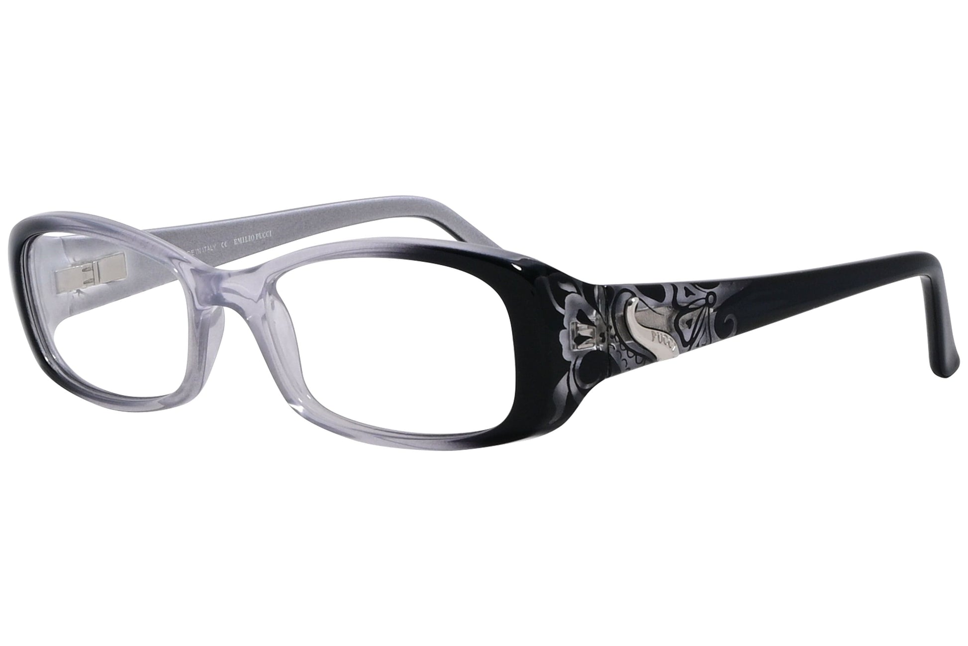 emilio pucci rectangle multicolored eyeglasses frame viewed from a 45-degree angle.