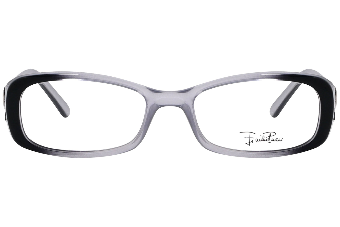 emilio pucci rectangle multicolored eyeglasses frame viewed from front angle.