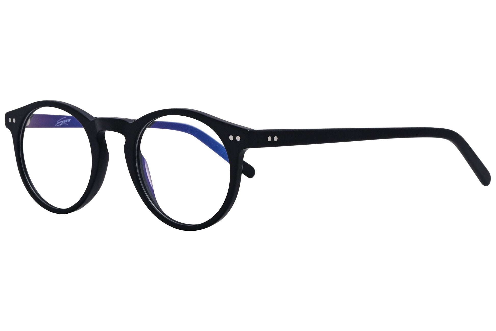 epoca round black eyeglasses frame viewed from a 45-degree angle.