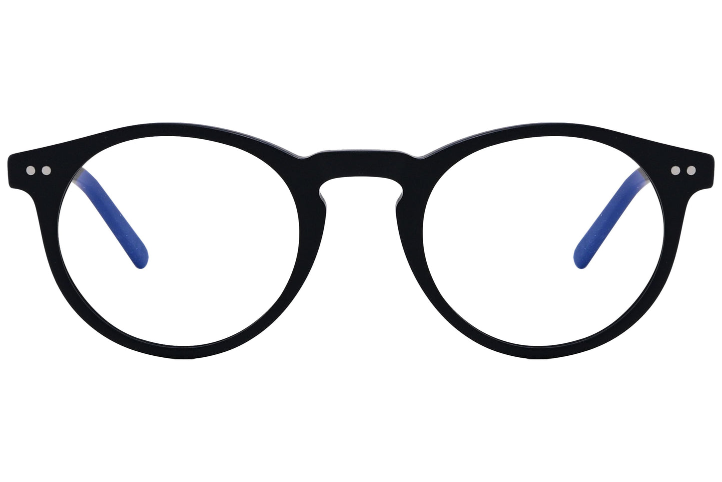 epoca round black eyeglasses frame viewed from front angle.