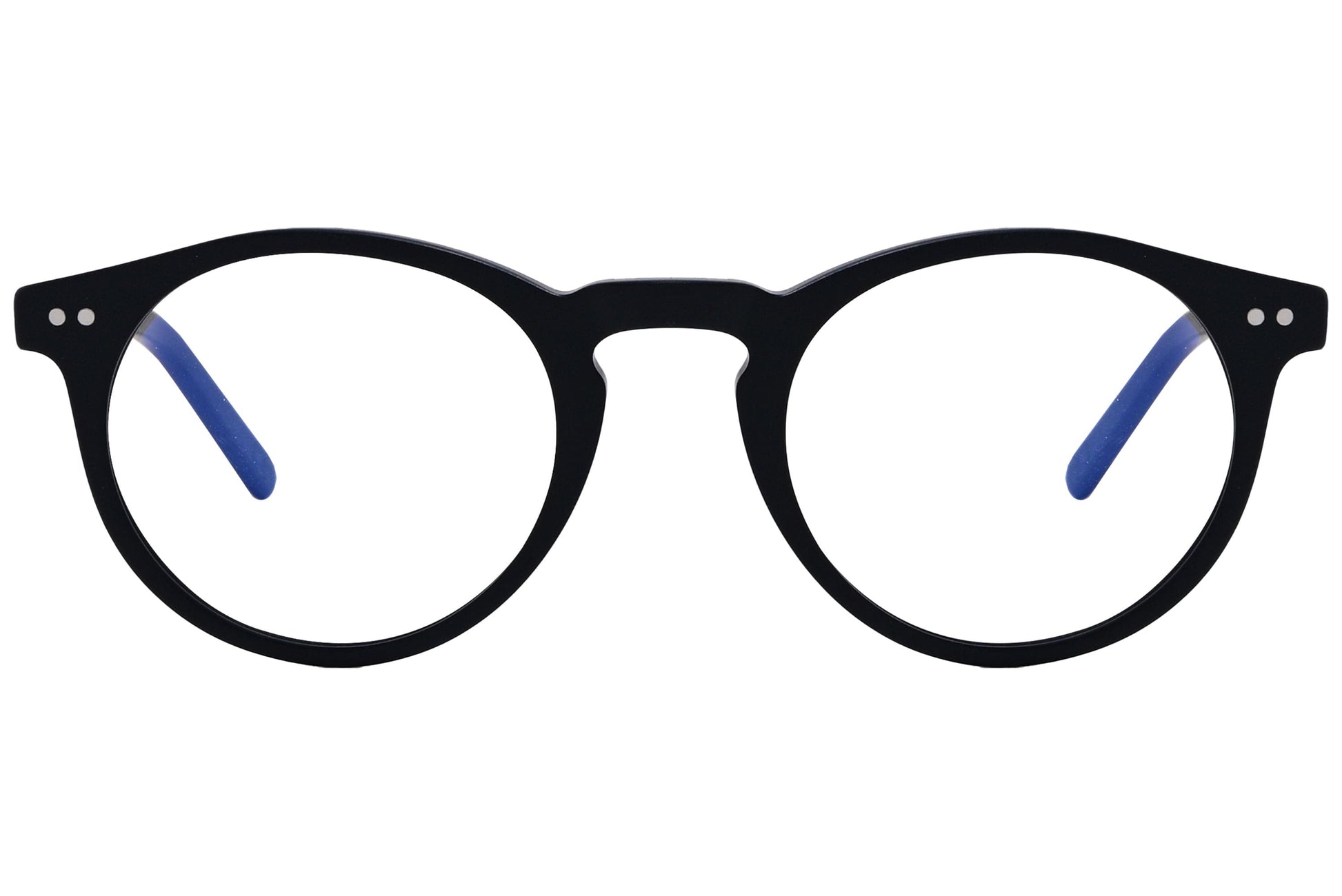 epoca round black eyeglasses frame viewed from front angle.