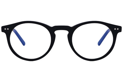 epoca round black eyeglasses frame viewed from front angle.