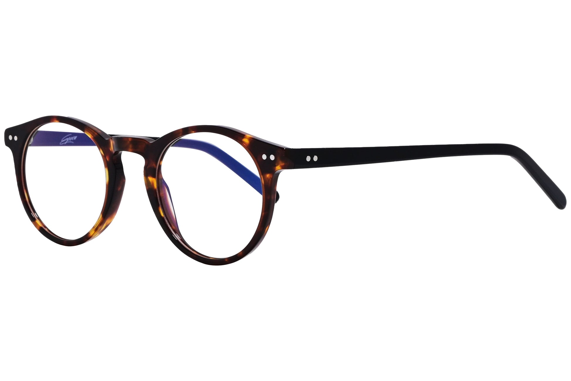 epoca round tortoise eyeglasses frame viewed from a 45-degree angle.