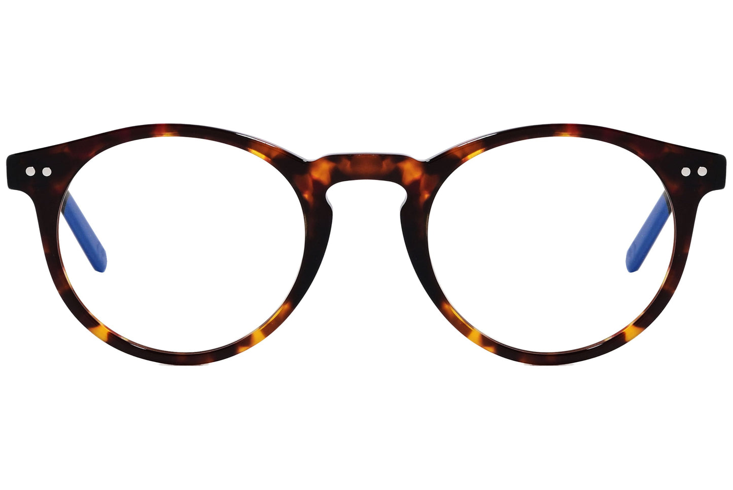 epoca round tortoise eyeglasses frame viewed from front angle.