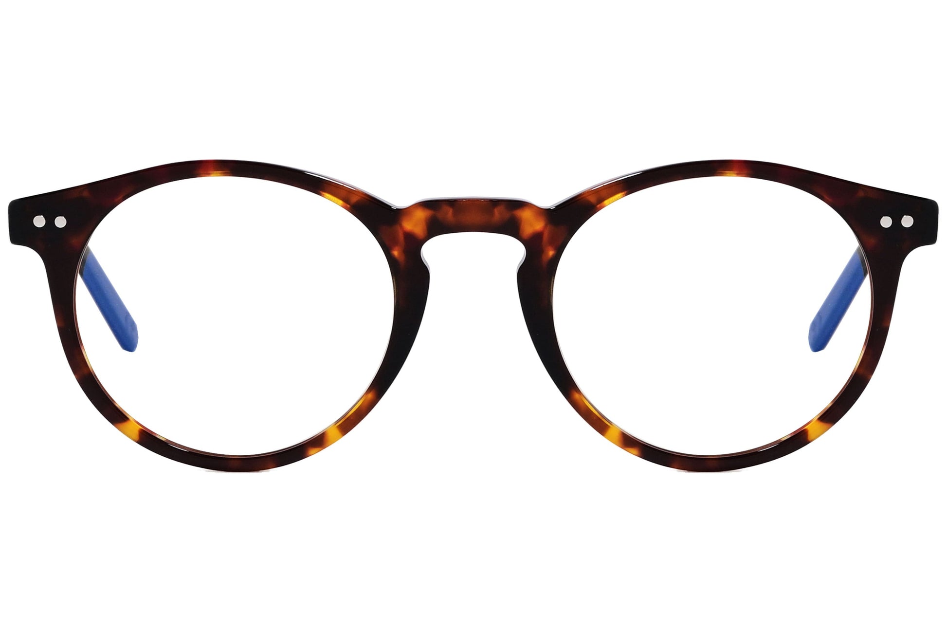 epoca round tortoise eyeglasses frame viewed from front angle.