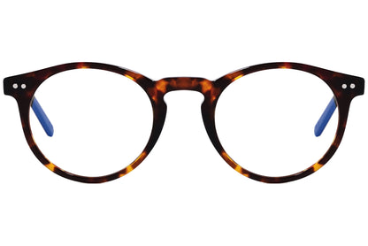 epoca round tortoise eyeglasses frame viewed from front angle.