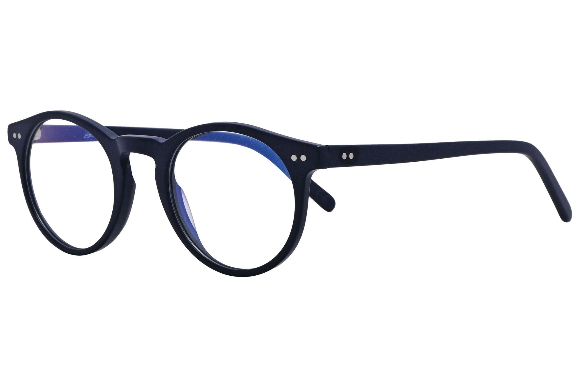 epoca round blue eyeglasses frame viewed from a 45-degree angle.