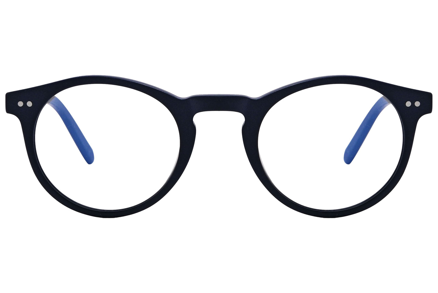 epoca round blue eyeglasses frame viewed from front angle.