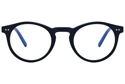 epoca round blue eyeglasses frame viewed from front angle.