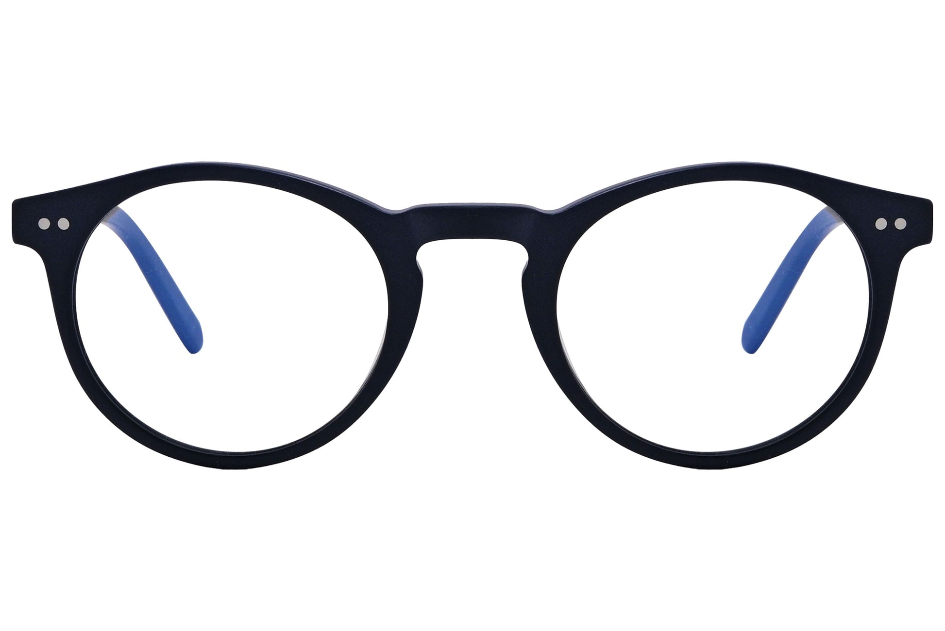 epoca round blue eyeglasses frame viewed from front angle.