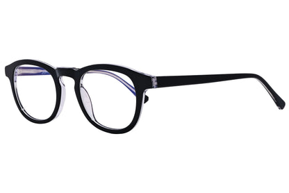 epoca round black eyeglasses frame viewed from a 45-degree angle.