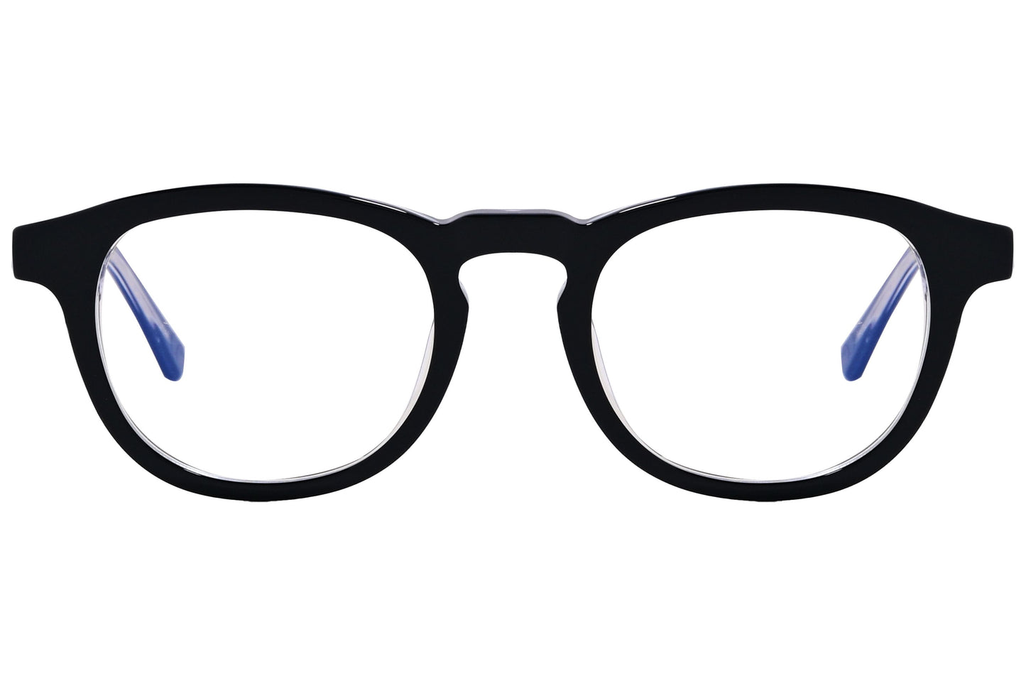 epoca round black eyeglasses frame viewed from front angle.