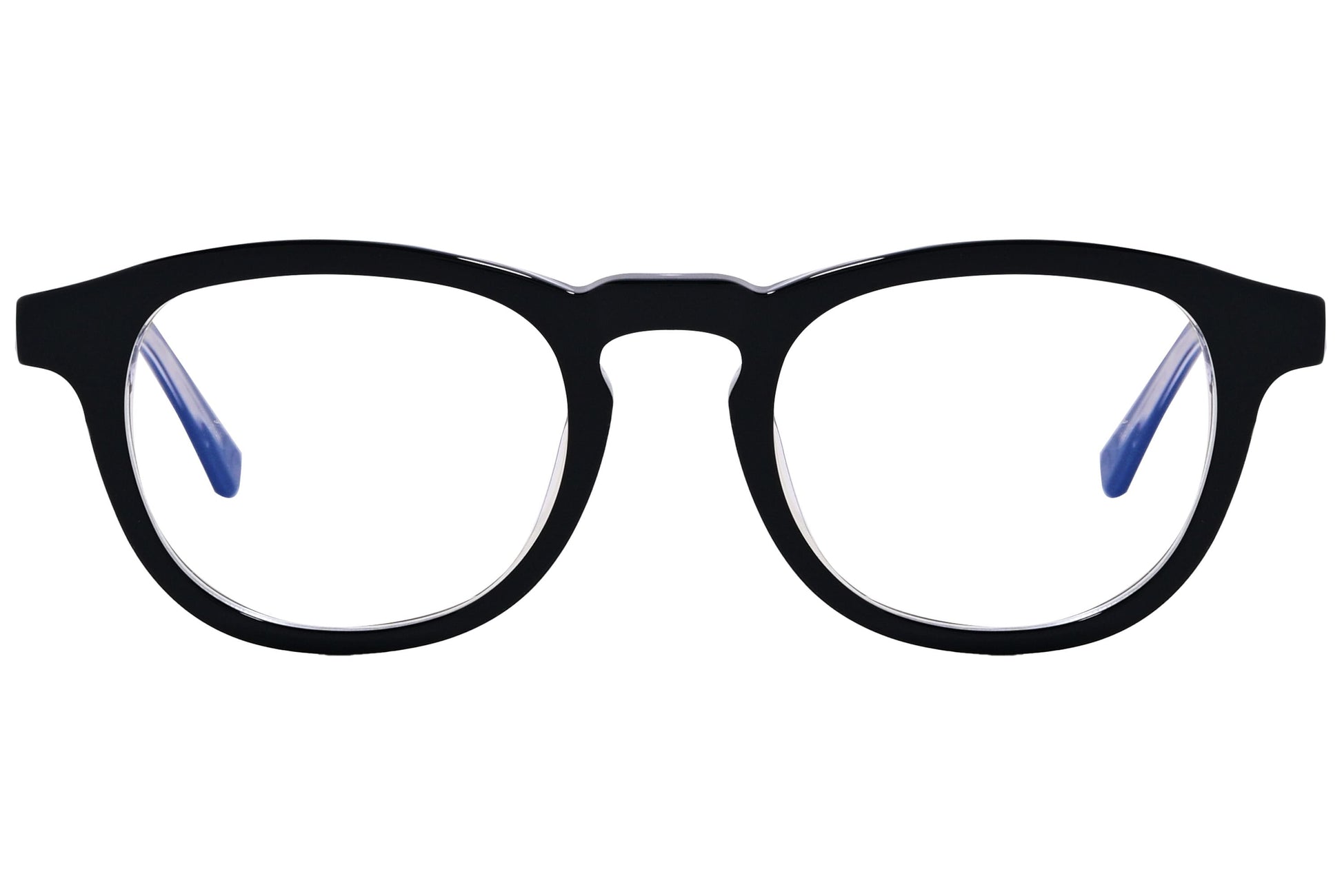 epoca round black eyeglasses frame viewed from front angle.