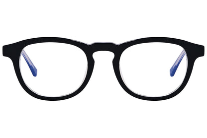 epoca round black eyeglasses frame viewed from front angle.