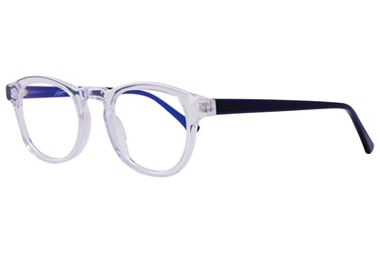 epoca square blue eyeglasses frame viewed from a 45-degree angle.