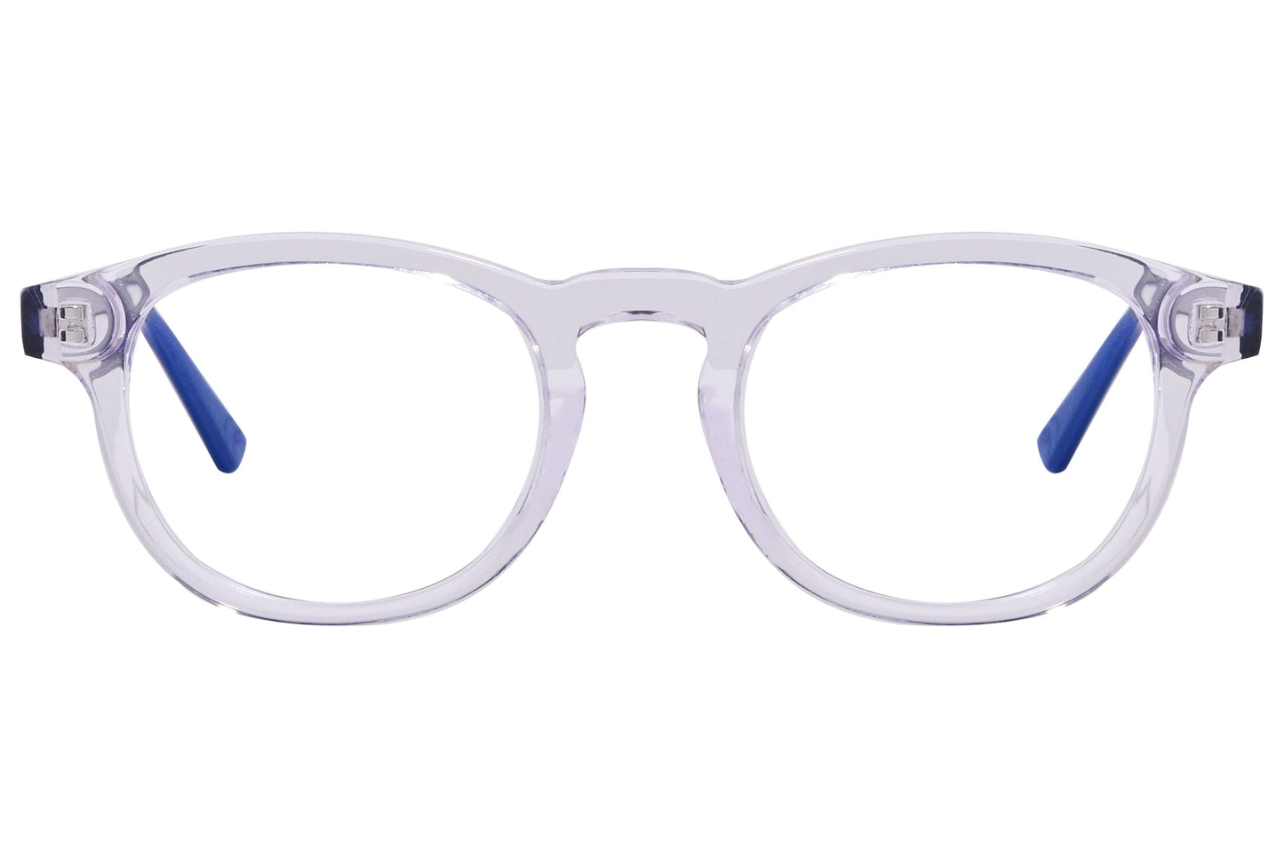 epoca square blue eyeglasses frame viewed from front angle.