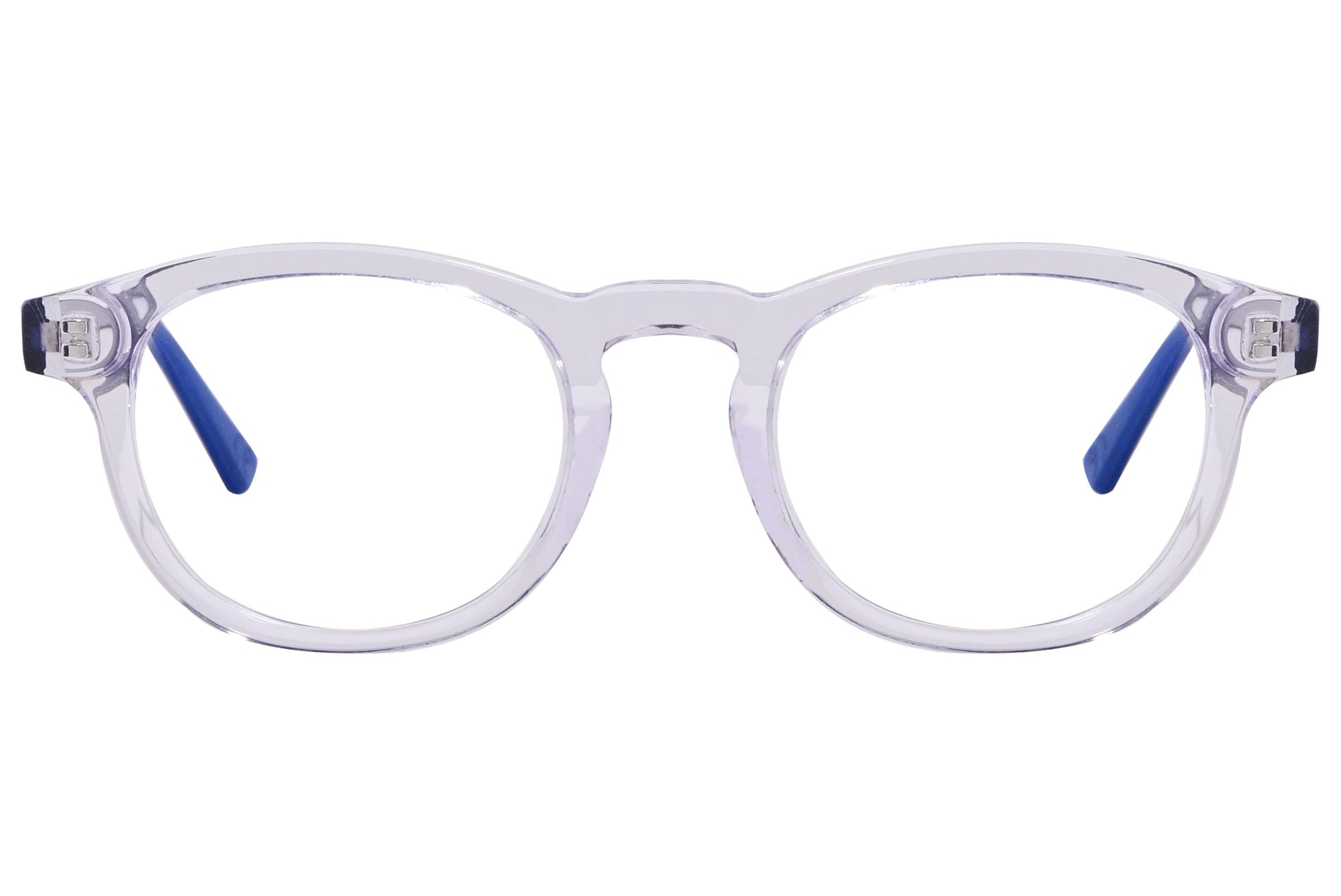 epoca square blue eyeglasses frame viewed from front angle.