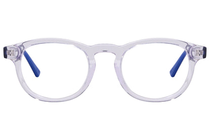 epoca square blue eyeglasses frame viewed from front angle.