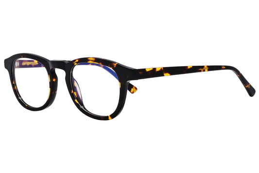 epoca square tortoise eyeglasses frame viewed from a 45-degree angle.