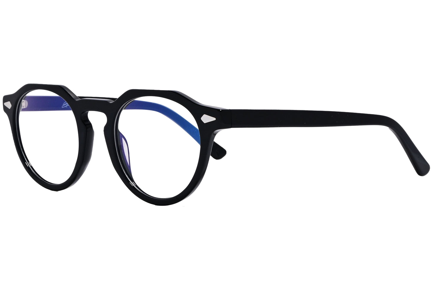 epoca round black eyeglasses frame viewed from a 45-degree angle.