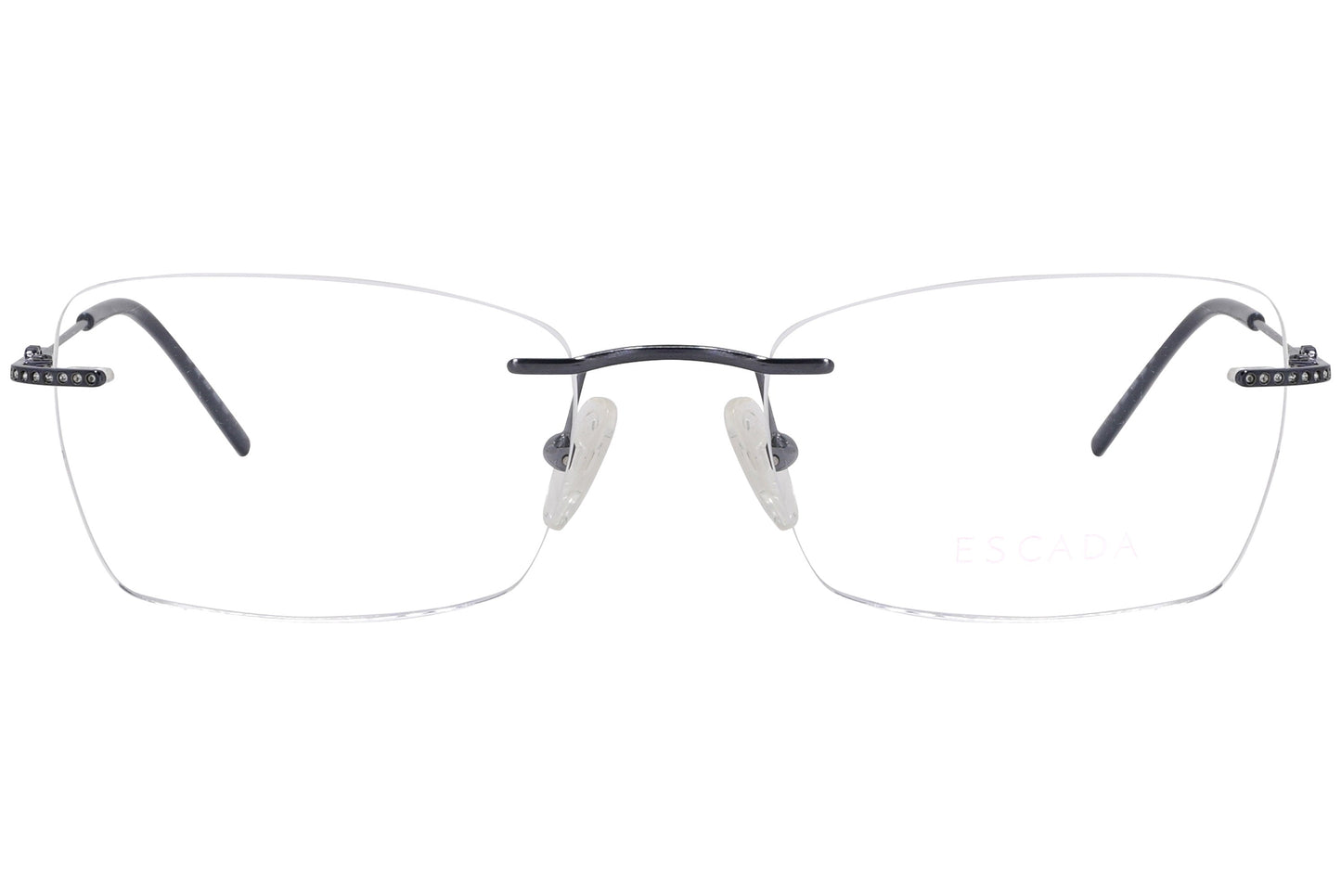 escada rimless black eyeglasses frame viewed from front angle.