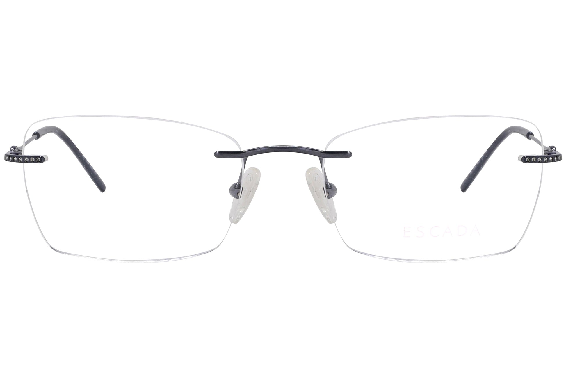 escada rimless black eyeglasses frame viewed from front angle.