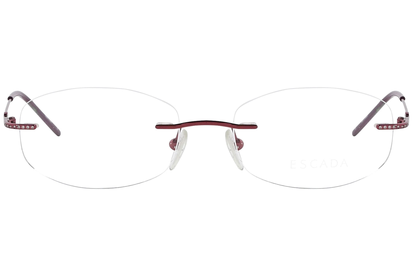 escada geometric red eyeglasses frame viewed from front angle.