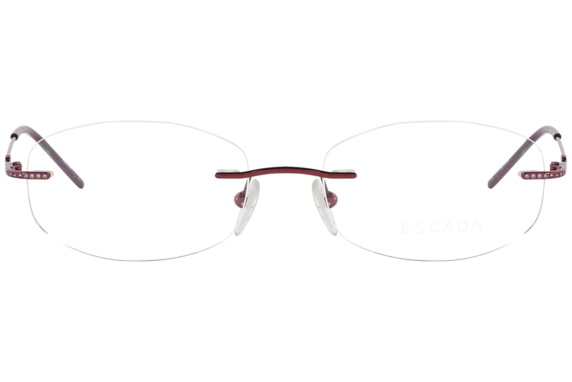 escada geometric red eyeglasses frame viewed from front angle.