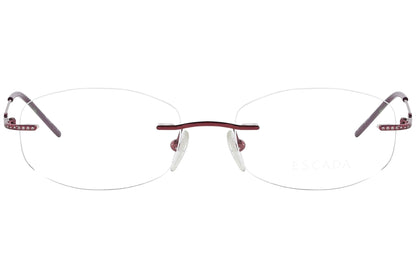 escada geometric red eyeglasses frame viewed from front angle.